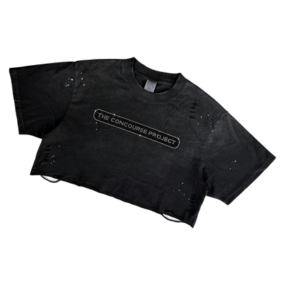 Distressed Rhinestone Logo Crop Tee